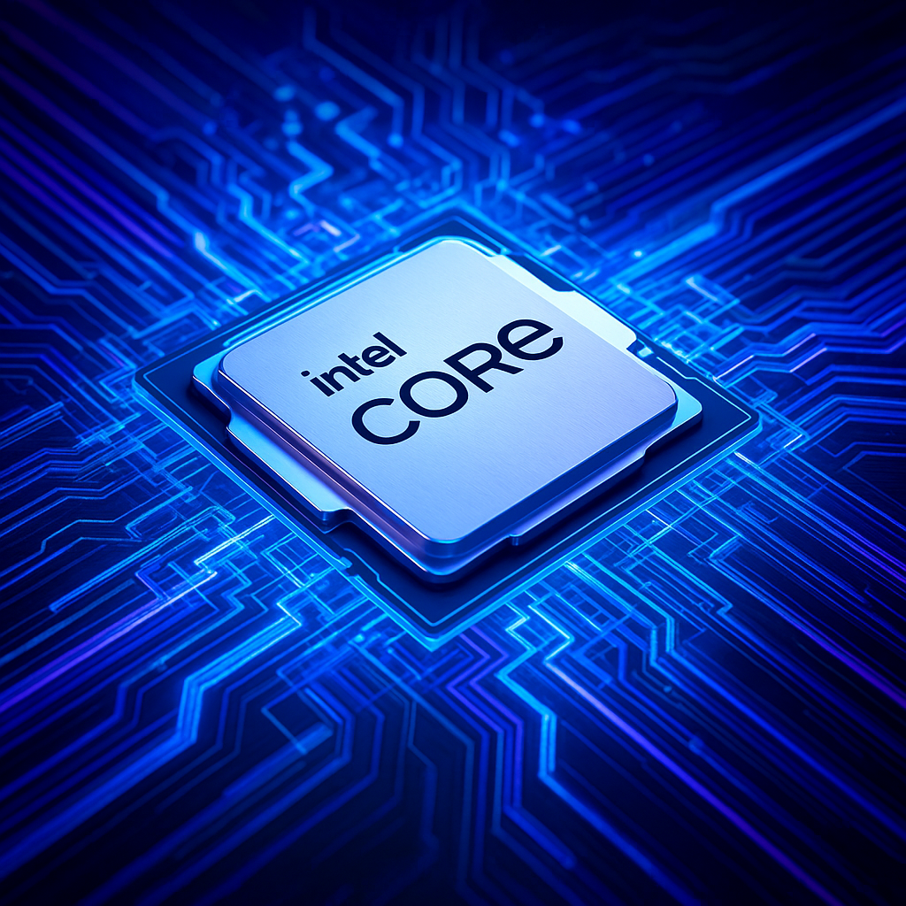 Процессор Intel Core крупным планом на фоне синей цифровой схемы — визуализация мощности и технологий в современных игровых ПК