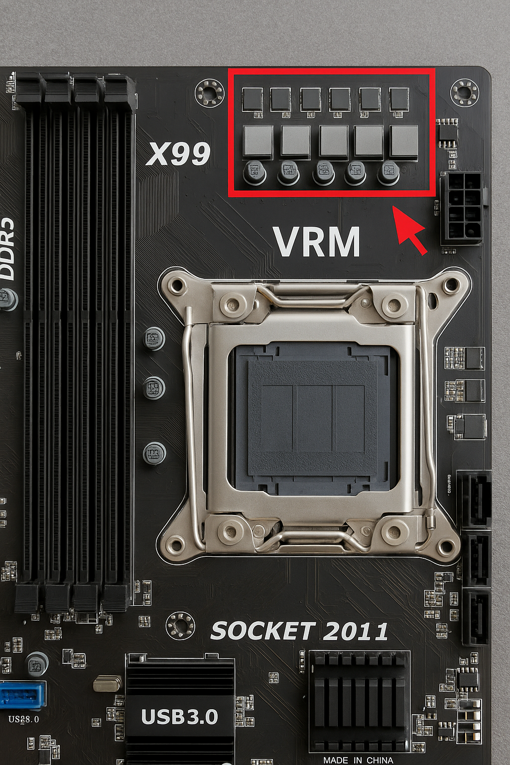 Плата без радиаторов с пометкой VRM-зоны Плата X99 без радиаторов VRM