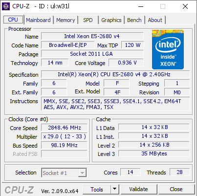 Скриншот CPU-Z Xeon E5-2680 v4